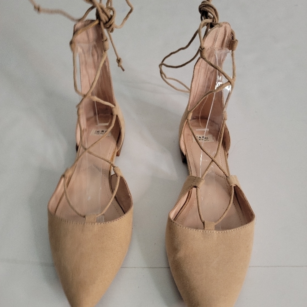 Zara Sz 38 8 Suede Lace Up Pointed Toe Ballet Flats Shoes Tan - Picture 2 of 8